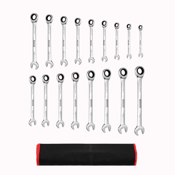 17pcs Wrench Spanner Set Metric Ratchet 90 Tooth Gear Hand Ratcheting Tool Kit Nickle Plating CRV Steel with Storage Pouch