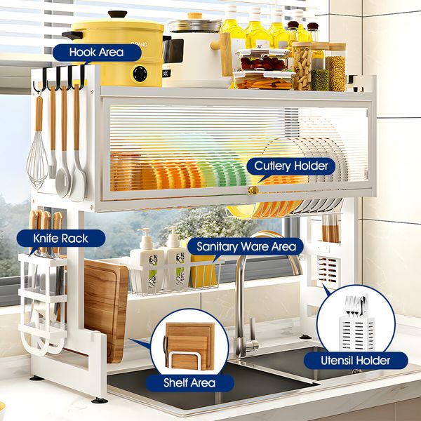 Dish Drying Rack Holder Drain Caddy Kitchen Drainer Cutlery Plate Cup Utensil Storage Over The Sink Organiser Enclosed With Hook Door 95cm