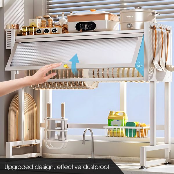 Dish Drying Rack Holder Drain Caddy Kitchen Drainer Cutlery Plate Cup Utensil Storage Over The Sink Organiser Enclosed With Hook Door 95cm