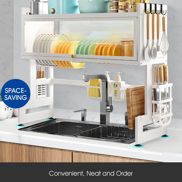 Dish Drying Rack Holder Drain Caddy Kitchen Drainer Cutlery Plate Cup Utensil Storage Over The Sink Organiser Enclosed With Hook Door 95cm
