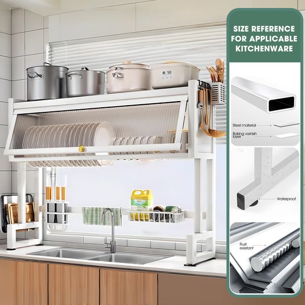 Dish Drying Rack Holder Drain Caddy Kitchen Drainer Cutlery Plate Cup Utensil Storage Over The Sink Organiser Enclosed With Hook Door 95cm