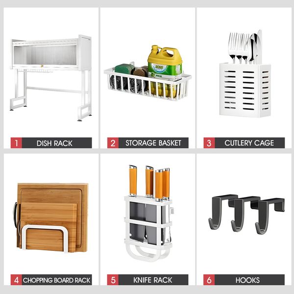 Dish Drying Rack Holder Drain Caddy Kitchen Drainer Cutlery Plate Cup Utensil Storage Over The Sink Organiser Enclosed With Hook Door 95cm