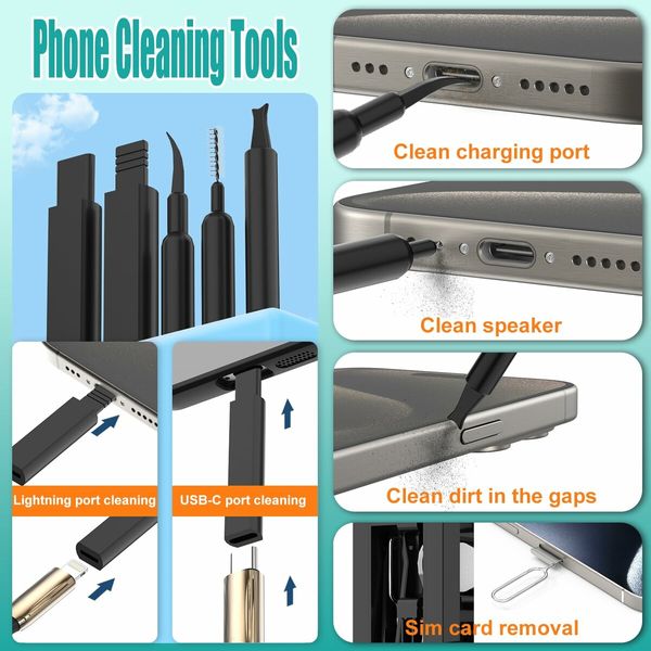 32 in 1 Cellphone Cleaning Kit with Port& Cable Cleaner,Stylus Pen,SIM Tool Multi-Device Cleaner for Mobile Phone,Laptop,Keyboard Camera Lens(Black)