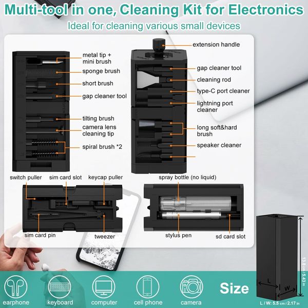 32 in 1 Cellphone Cleaning Kit with Port& Cable Cleaner,Stylus Pen,SIM Tool Multi-Device Cleaner for Mobile Phone,Laptop,Keyboard Camera Lens(Black)