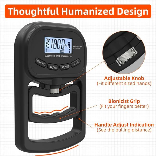 Grip Strength Trainer, Rechargeable Electronic Hand Dynamometer, Digital Grip Strength Tester with LCD Display, Black