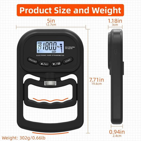 Grip Strength Trainer, Rechargeable Electronic Hand Dynamometer, Digital Grip Strength Tester with LCD Display, Black