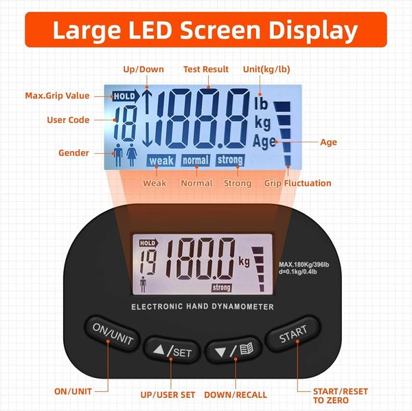 Grip Strength Trainer, Rechargeable Electronic Hand Dynamometer, Digital Grip Strength Tester with LCD Display, Black