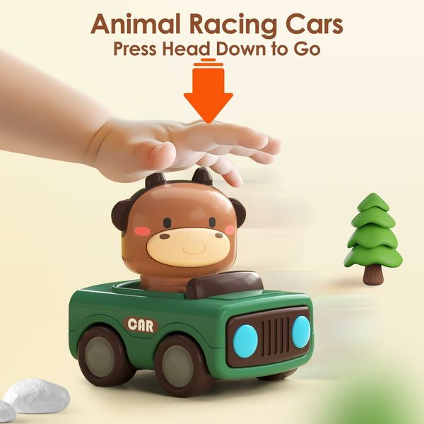 Press to Go Car Toys,Animal Racing Cars,Infant Play Vehicle Set,Push Go Friction Car Toys,Birthday Gifts,Age3+