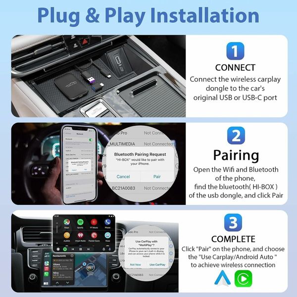 3 in 1 Wireless CarPlay Adapter 2025 Upgraded,Wireless CarPlay and Android Auto Adapter Built in Netflix YouTube Support TF Card,Factory Car Play Video Box
