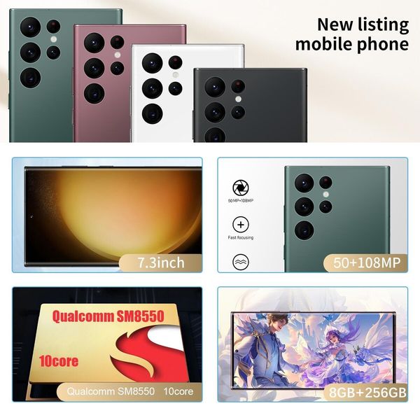 4G Smartphone 7.3inch 8GB+256GB Dual SIM Android 13.0 Unlocked Mobile Phones Color Purple