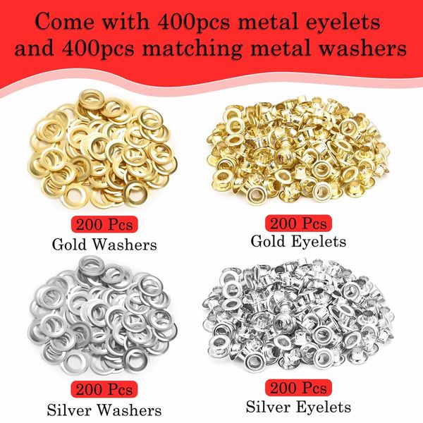 803Pcs Grommet Eyelet Pliers Kit,0.25 Inch 6mm Grommet Tool Kit with 800 Metal Eyelets with Washers in Gold and Silver,Eyelet Grommet Hand Press Kit