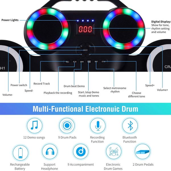 Portable Electronic Drum Kit Hand Rolled Flashing Bluetooth Drum with Speaker