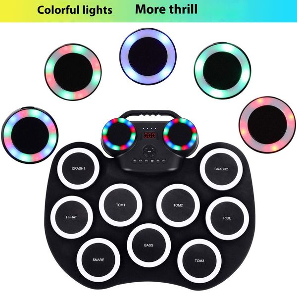 White Portable Electronic Drum Kit Hand Rolled Flashing Bluetooth Drum with Speaker