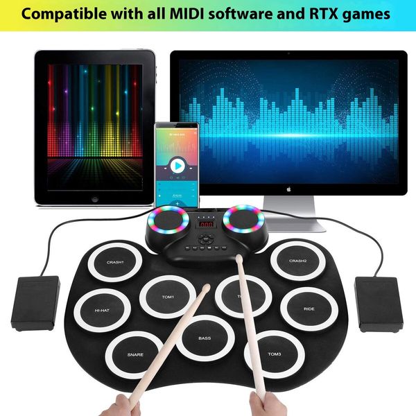 White Portable Electronic Drum Kit Hand Rolled Flashing Bluetooth Drum with Speaker
