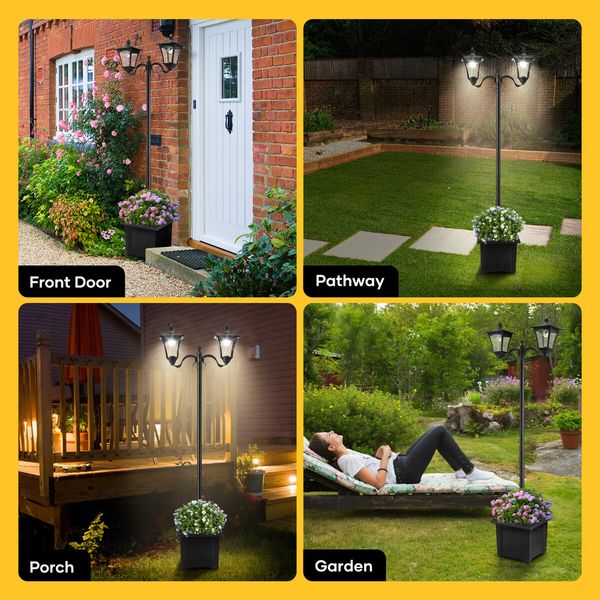 186cm Solar Led Light Post Planter Outdoor Street Garden Security Pole Lamp Driveway Pathway Patio Yard Energy Powered Pillar Lantern Double Lights
