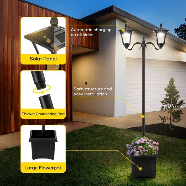 186cm Solar Led Light Post Planter Outdoor Street Garden Security Pole Lamp Driveway Pathway Patio Yard Energy Powered Pillar Lantern Double Lights