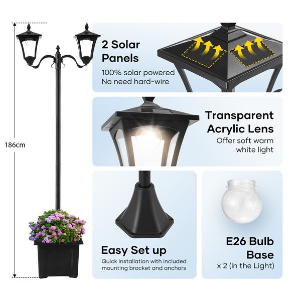 186cm Solar Led Light Post Planter Outdoor Street Garden Security Pole Lamp Driveway Pathway Patio Yard Energy Powered Pillar Lantern Double Lights