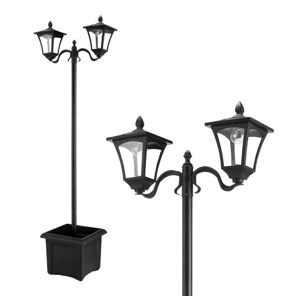 186cm Solar Led Light Post Planter Outdoor Street Garden Security Pole Lamp Driveway Pathway Patio Yard Energy Powered Pillar Lantern Double Lights