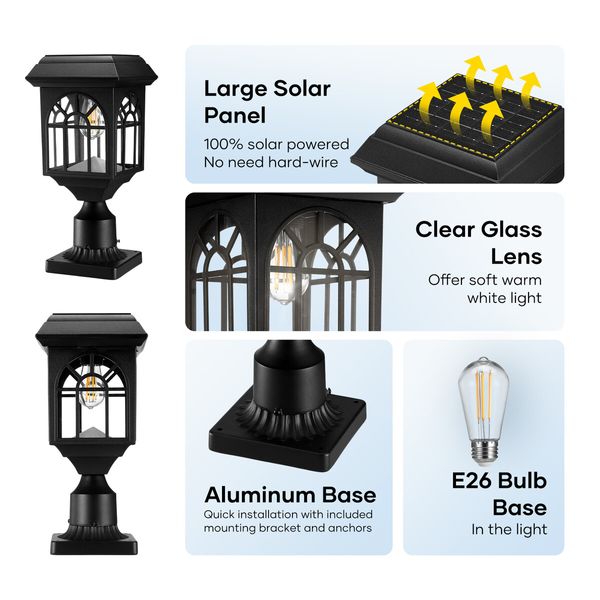 Solar Led Post Light Outdoor Garden Gate Street Pathway Security Lamp Cap Lantern Driveway Pole Pillar Energy Powered Landscape Patio Fence Yard Decor