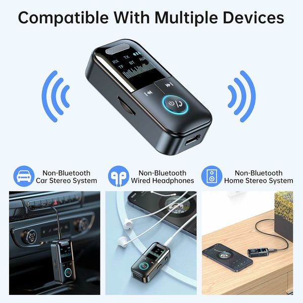 Bluetooth 5.4 Audio Transmitter Receiver, 4 in 1 Wireless Transmitter Adapter, Low Latency, HD Screen, TF Card Aux Adapter for Airplane, Car, Laptop, Radio