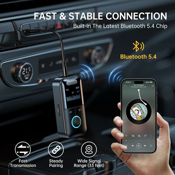 Bluetooth 5.4 Audio Transmitter Receiver, 4 in 1 Wireless Transmitter Adapter, Low Latency, HD Screen, TF Card Aux Adapter for Airplane, Car, Laptop, Radio