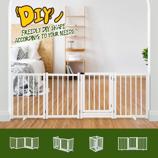 Pet Safety Gate 4 Panel Puppy Playpen Wood Enclosure Security Fence Freestanding Dog Stair Doorway Tall Barrier with Door Indoor Foldable