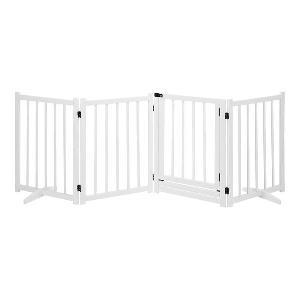 Pet Safety Gate 4 Panel Puppy Playpen Wood Enclosure Security Fence Freestanding Dog Stair Doorway Tall Barrier with Door Indoor Foldable