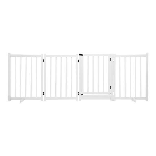 Pet Safety Gate 4 Panel Puppy Playpen Wood Enclosure Security Fence Freestanding Dog Stair Doorway Tall Barrier with Door Indoor Foldable