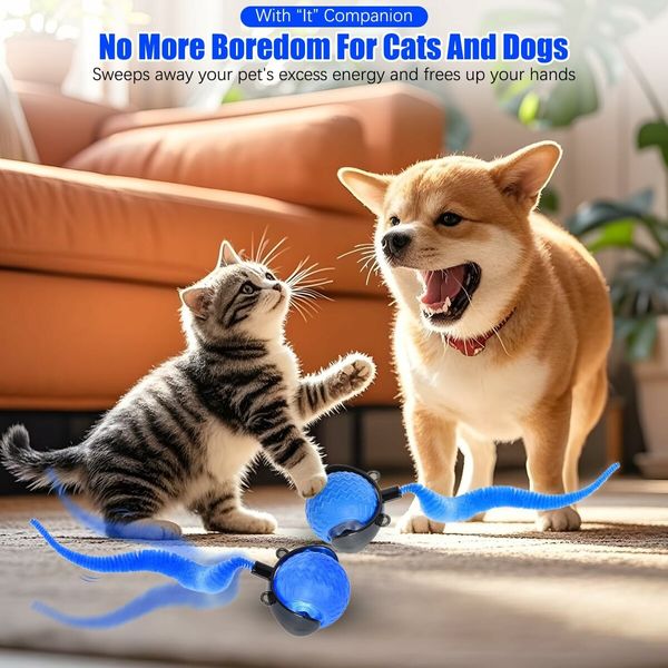 Smart Interactive Cat Toy Ball, Automatic Moving Ball for Cat Dog Toy Ball, Self Rolling Smart Cat Toy Ball Interactive Cat Toys with Tail (Blue)