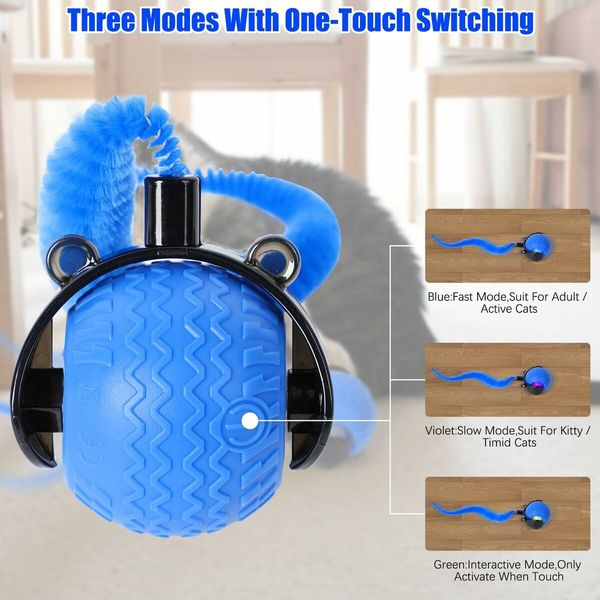Smart Interactive Cat Toy Ball, Automatic Moving Ball for Cat Dog Toy Ball, Self Rolling Smart Cat Toy Ball Interactive Cat Toys with Tail (Blue)
