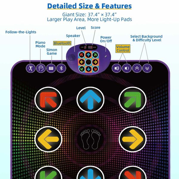 Dance Mat with 9 Light Up Keys & Bluetooth, Interactive Music Pad with 4 Game Modes & Adjustable Volume,Birthday Gift for Kids 3-12