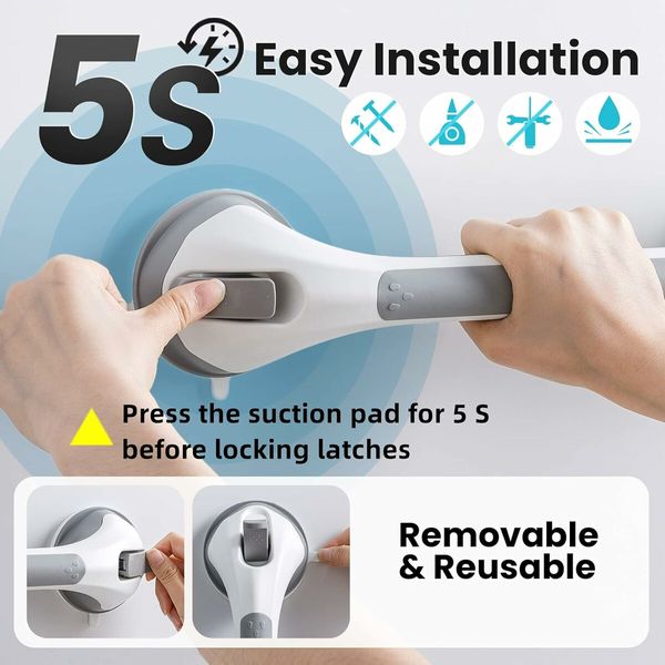 Shower Grab Bar, 16 Inch Suction Cup Grab Bars for Bathroom, Removable Shower Safety Handle Heavy Duty Bathtub Grip for Seniors and Elderly, Grey