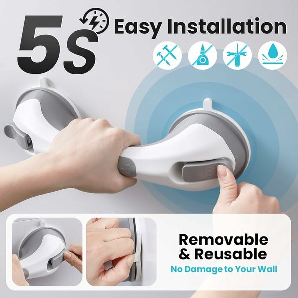 Shower Grab Bar, 12 Inch Shower Handle for Bathtubs and Elderly, Suction Grab Bars for Seniors Bathroom Safety Handles for Elderly, Grey