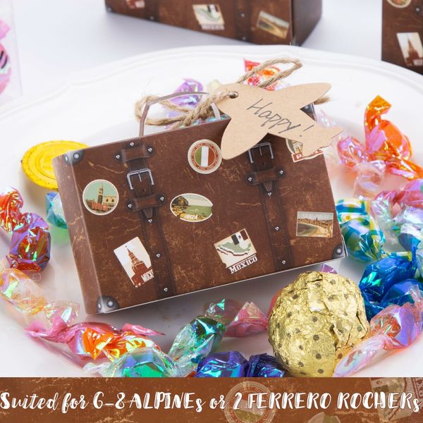 50PCS Mini Suitcase Favor Boxes,Travel Theme Candy Box Vintage Kraft Cardboard with Tags and Burlap Twine