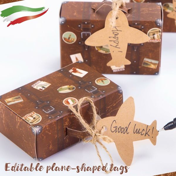 50PCS Mini Suitcase Favor Boxes,Travel Theme Candy Box Vintage Kraft Cardboard with Tags and Burlap Twine