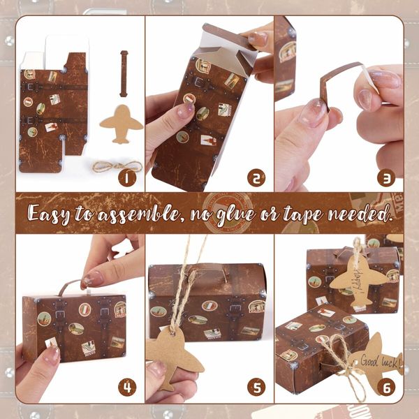 50PCS Mini Suitcase Favor Boxes,Travel Theme Candy Box Vintage Kraft Cardboard with Tags and Burlap Twine