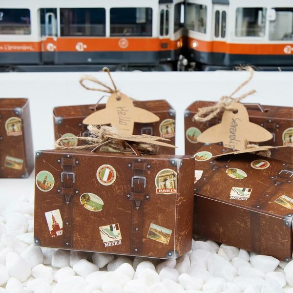 50PCS Mini Suitcase Favor Boxes,Travel Theme Candy Box Vintage Kraft Cardboard with Tags and Burlap Twine