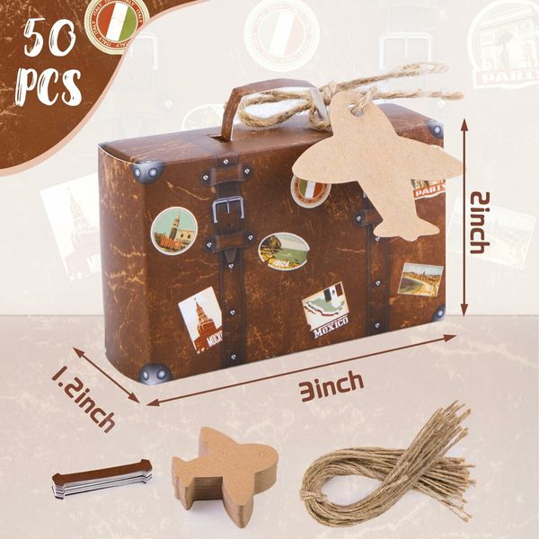 50PCS Mini Suitcase Favor Boxes,Travel Theme Candy Box Vintage Kraft Cardboard with Tags and Burlap Twine
