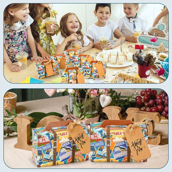 50PCS Mini Suitcase Favor Box,Scenic Spots Party Favor Candy Boxes,Vintage Kraft Paper Gift Box with Tags and Burlap Twine