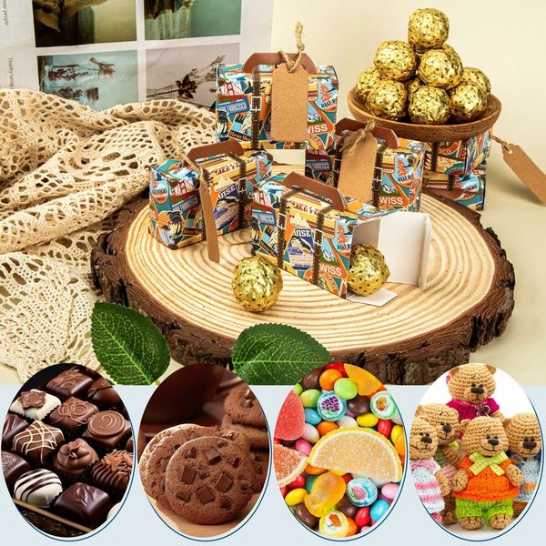 50PCS Mini Suitcase Favor Box,Scenic Spots Party Favor Candy Boxes,Vintage Kraft Paper Gift Box with Tags and Burlap Twine