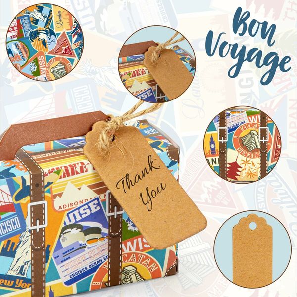 50PCS Mini Suitcase Favor Box,Scenic Spots Party Favor Candy Boxes,Vintage Kraft Paper Gift Box with Tags and Burlap Twine
