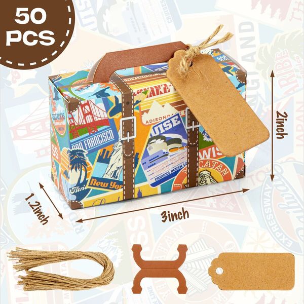 50PCS Mini Suitcase Favor Box,Scenic Spots Party Favor Candy Boxes,Vintage Kraft Paper Gift Box with Tags and Burlap Twine