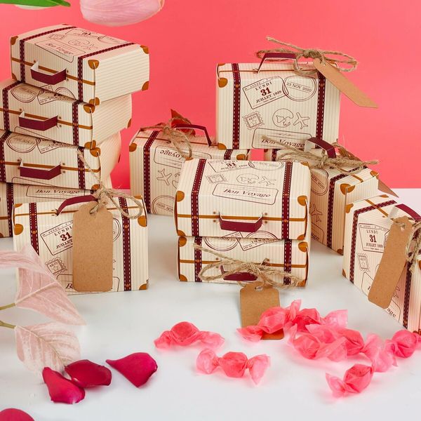 Mini Suitcase Favor Boxes,Small Gift Boxes Vintage Style with Tags,50 Pack,Wedding Travel Theme Party Decor