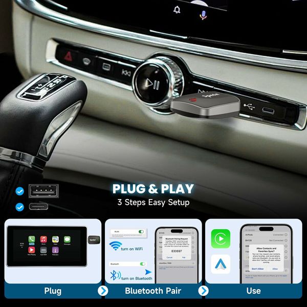 Mini Wireless CarPlay & Android Auto Adapter 2-in-1 Plug Play Dongle iPhone Android Convert Wired to Wireless USB-A/C Support