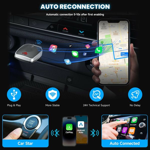 Mini Wireless CarPlay & Android Auto Adapter 2-in-1 Plug Play Dongle iPhone Android Convert Wired to Wireless USB-A/C Support