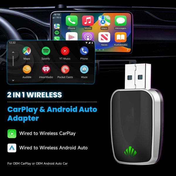 Mini Wireless CarPlay & Android Auto Adapter 2-in-1 Plug Play Dongle iPhone Android Convert Wired to Wireless USB-A/C Support