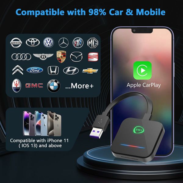Wireless Carplay Adapter Car Audio iPhone Convert Wired to Wireless Carplay Adapter Plug Play Compatible iPhone 11 iOS 13 and Above No Video Function