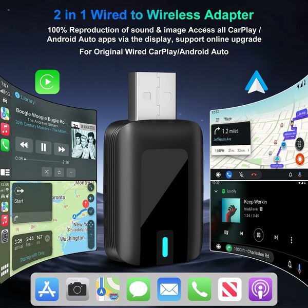 2 in 1 Wireless Carplay Adapter Plug Play Magic link Carplay Stable Fast Connection Convert Factory Wired to Wireless Carplay Dongle Android Auto Adapter