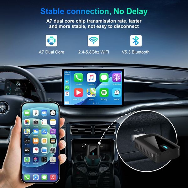 2 in 1 Wireless Carplay Adapter Plug Play Magic link Carplay Stable Fast Connection Convert Factory Wired to Wireless Carplay Dongle Android Auto Adapter