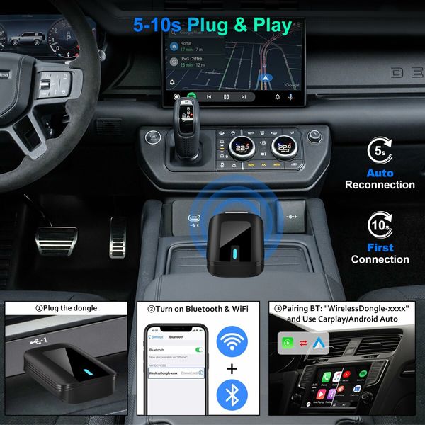 2 in 1 Wireless Carplay Adapter Plug Play Magic link Carplay Stable Fast Connection Convert Factory Wired to Wireless Carplay Dongle Android Auto Adapter
